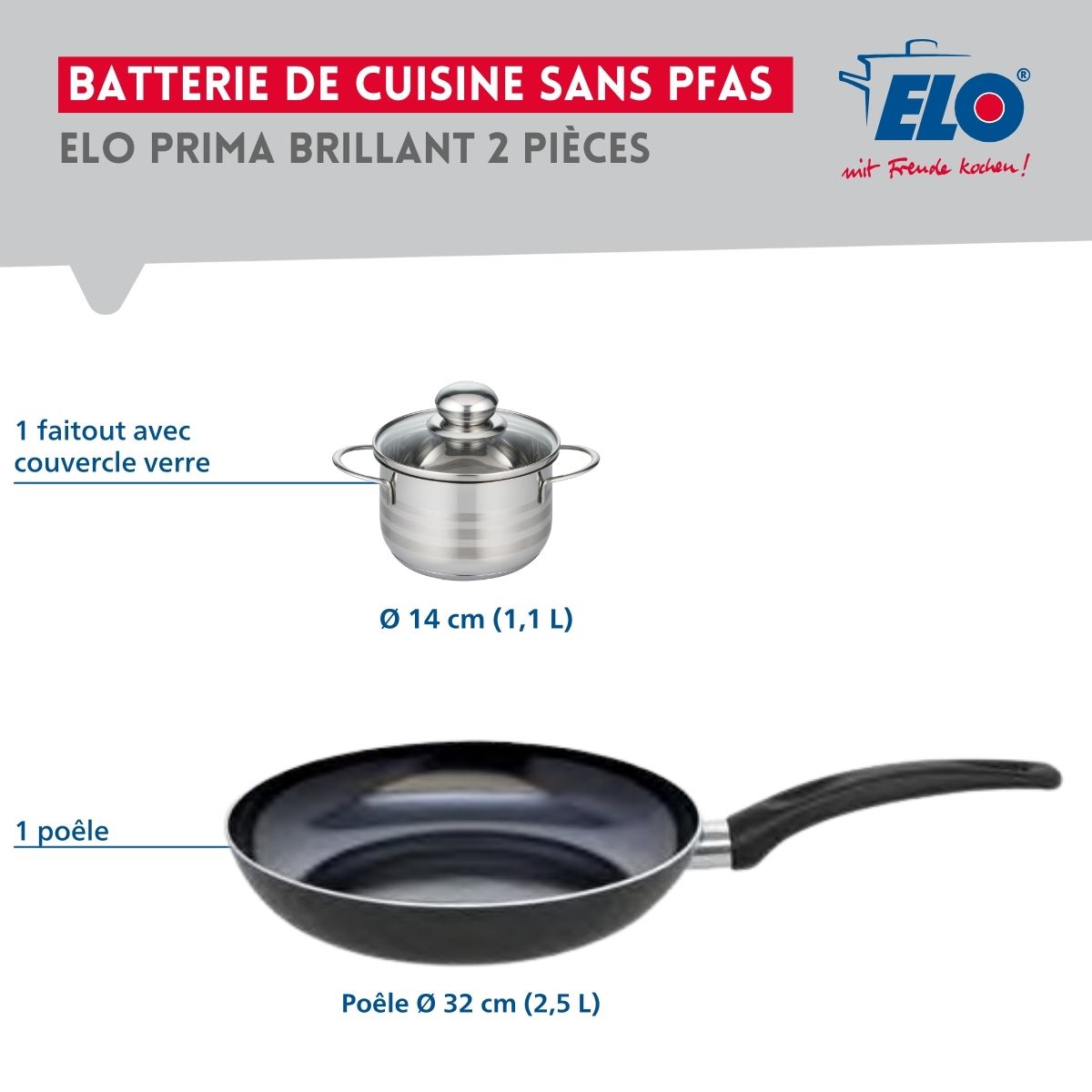 Ensemble de 1 Poêle de cuisson 32 cm et 1 faitout 14 cm  Prima Brillant Elo - Mathon - 2
