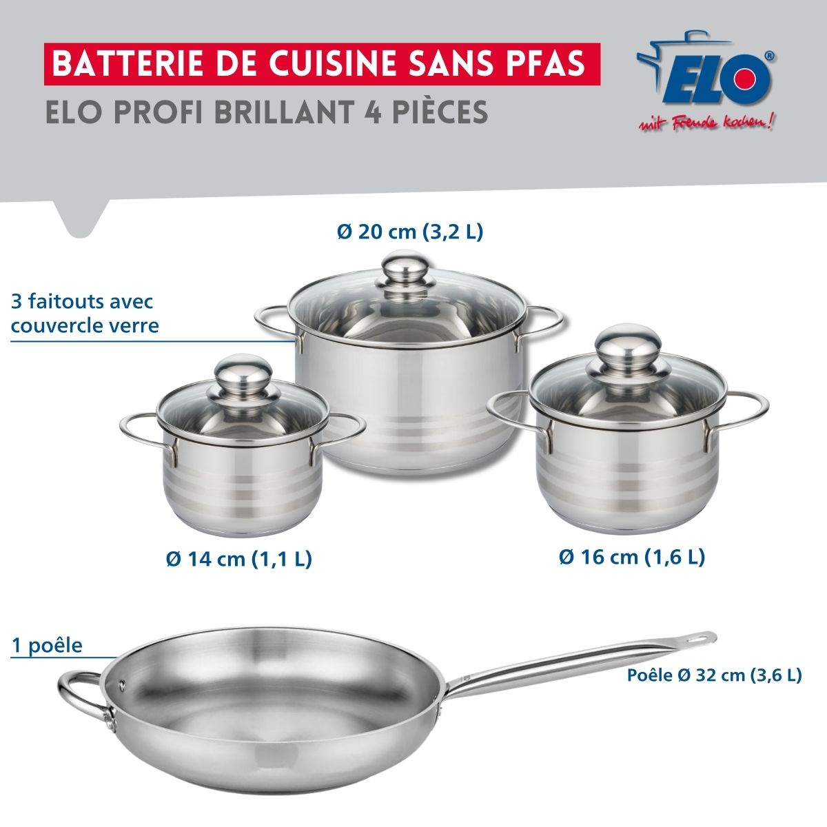 Ensemble de 1 Poêle de cuisson 32 cm et 3 faitouts 14, 16 et 20 cm  Profi Brillant Elo - Mathon - 2