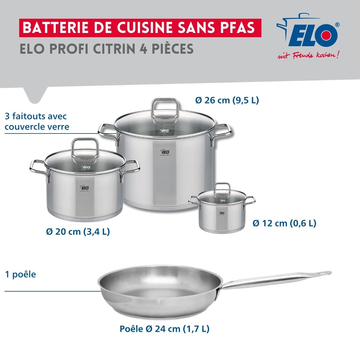 Ensemble de 1 Poêle de cuisson 24 cm et 3 faitouts 12, 20 et 26 cm  Profi Citrin Elo - Mathon - 2