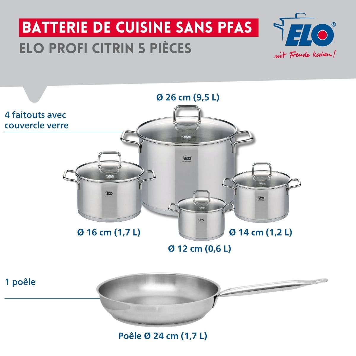 Ensemble de 1 Poêle de cuisson 24 cm et 4 faitouts 12, 14, 16 et 26 cm  Profi Citrin Elo - Mathon - 2
