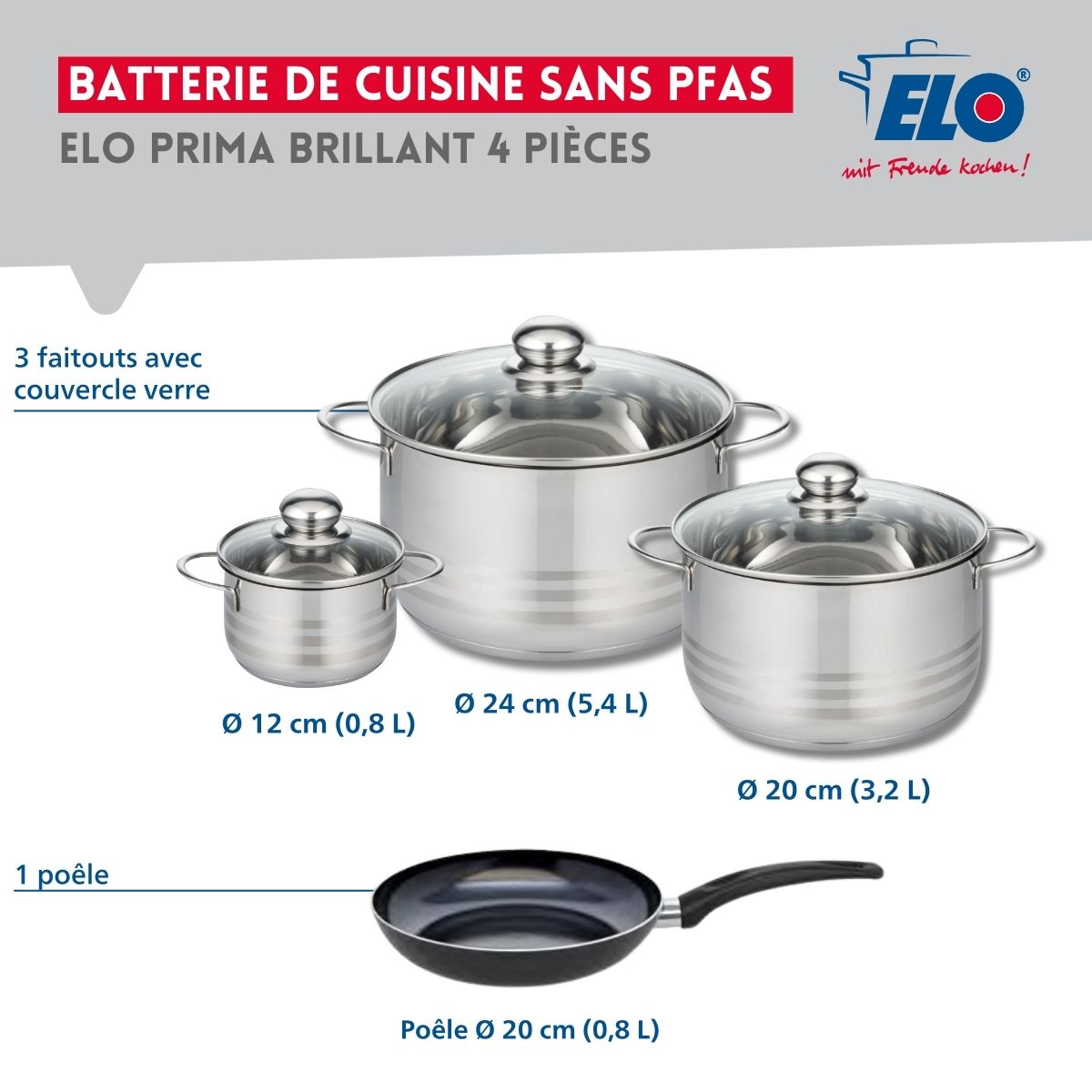 Ensemble de 1 Poêle de cuisson 20 cm et 3 faitouts 12, 20 et 24 cm  Prima Brillant Elo - Mathon - 2