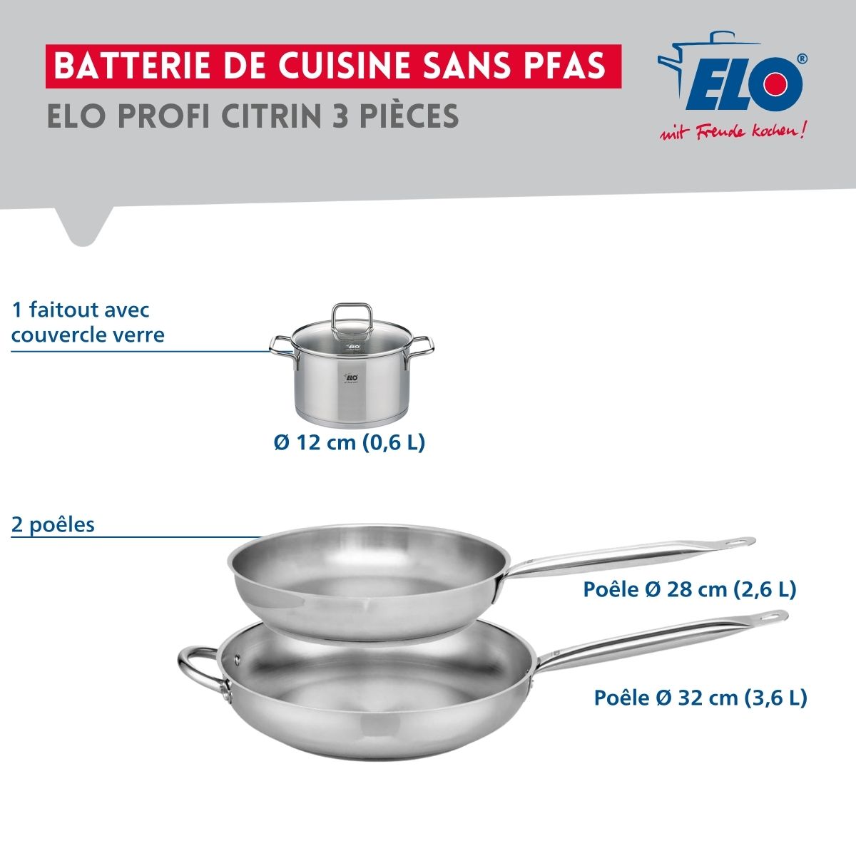 Ensemble de 2 Poêles de cuisson 28 et 32 cm et 1 faitout 12 cm  Profi Citrin Elo - Mathon - 2