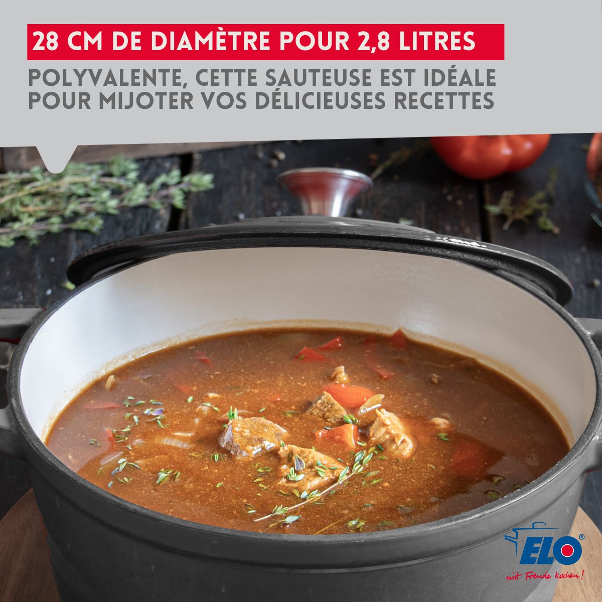 Cocotte en fonte émaillée basse gris classique 28 cm 2,8 L Elo - Mathon - 5