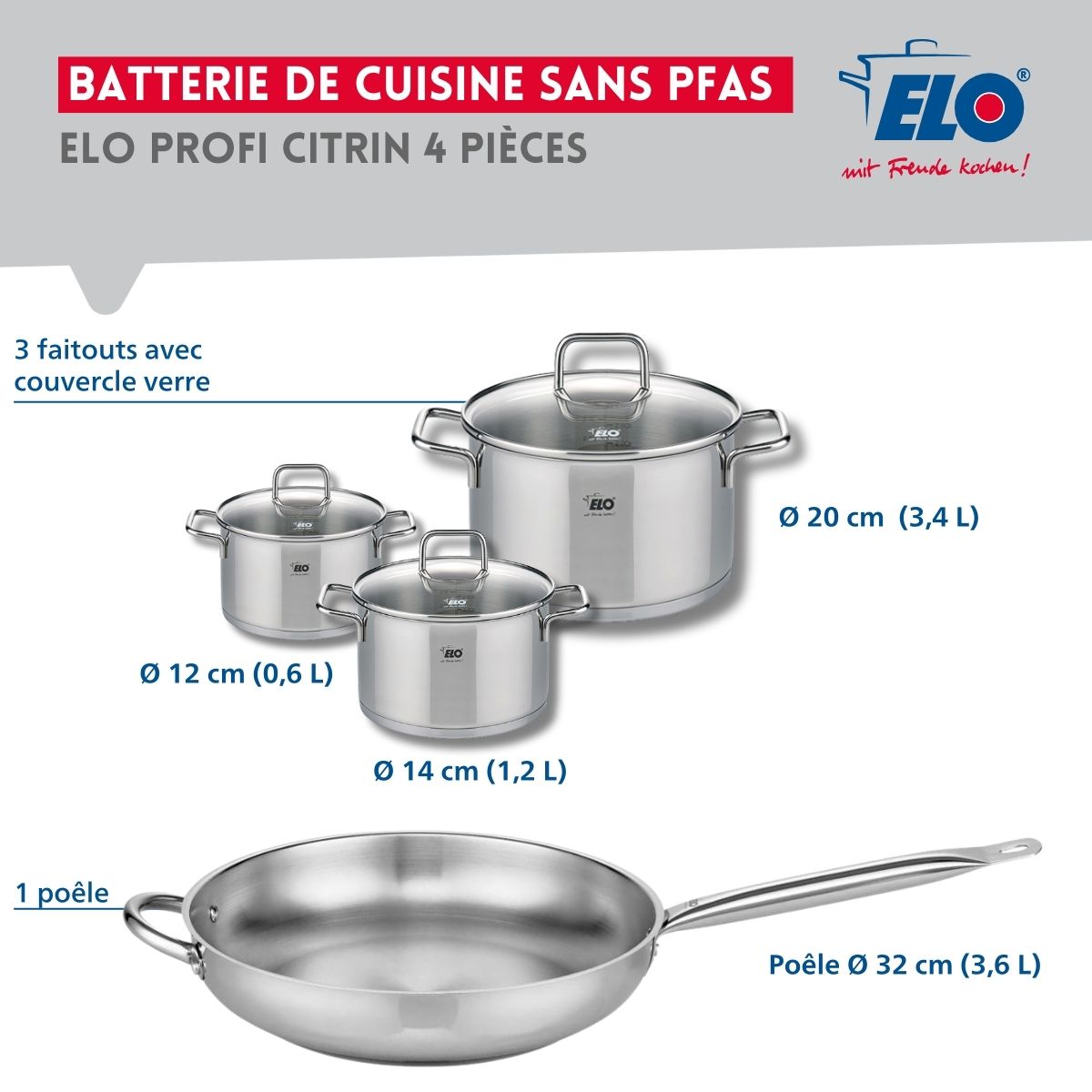 Set de 1 Poêle de cuisson 32 cm et 3 faitouts 12, 14 et 20 cm  Profi Citrin Elo - Mathon - 2