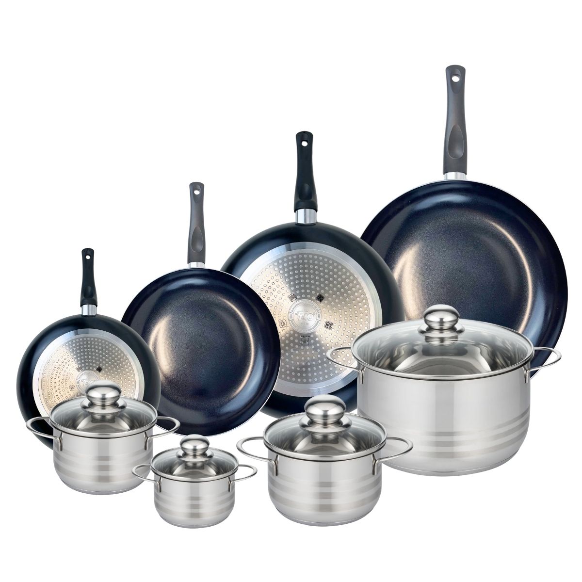 Ensemble de 4 Poêles de cuisson 20, 24, 28 et 32 cm et 4 faitouts 12, 14, 16 et 24 cm  Prima Brillant Elo - Mathon - 1