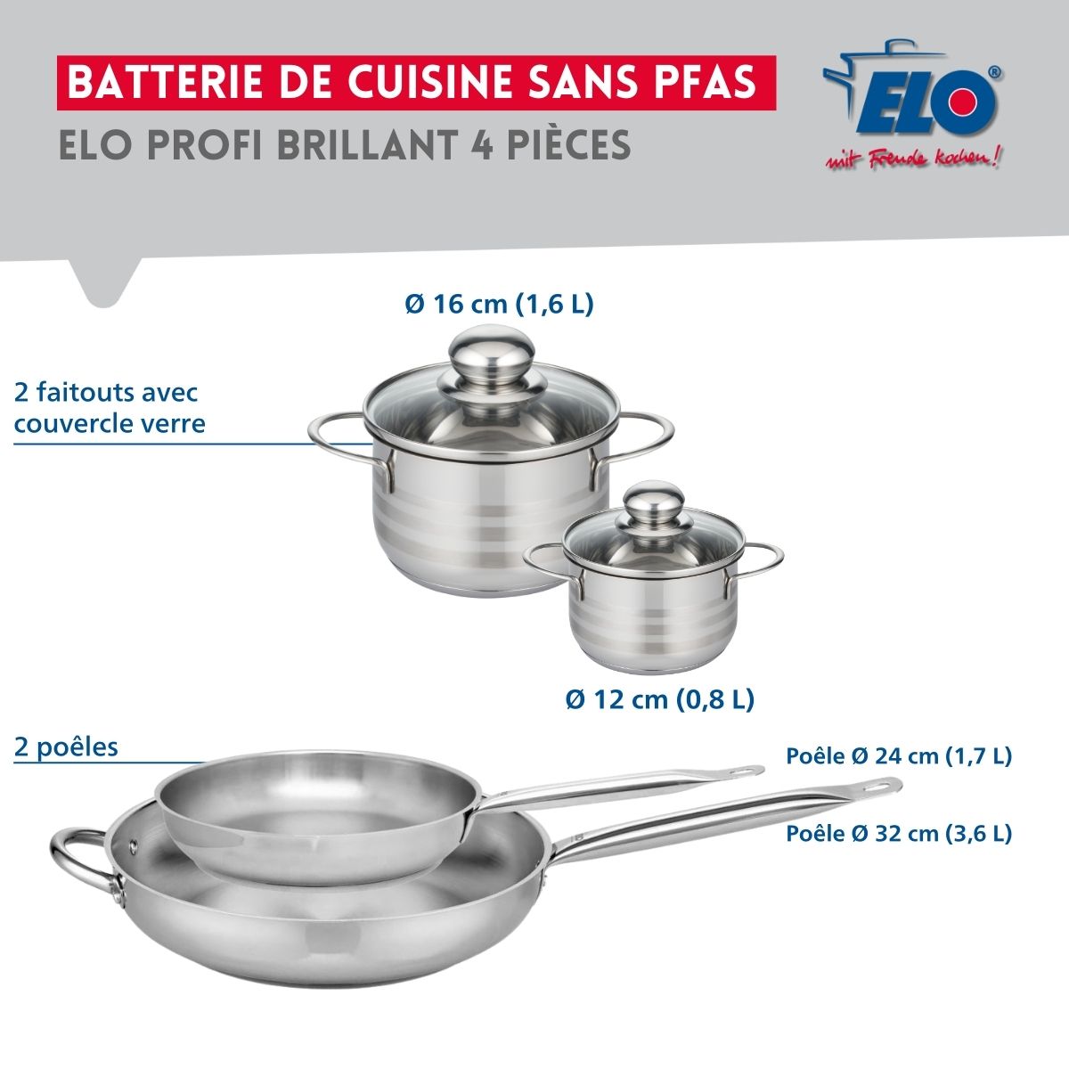 Ensemble de 2 Poêles de cuisson 24 et 32 cm et 2 faitouts 12 et 16 cm  Profi Brillant Elo - Mathon - 2
