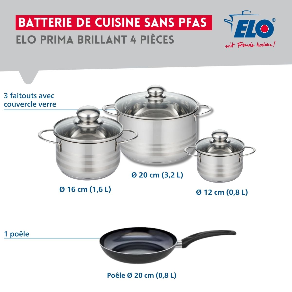 Ensemble de 1 Poêle de cuisson 20 cm et 3 faitouts 12, 16 et 20 cm  Prima Brillant Elo - Mathon - 2