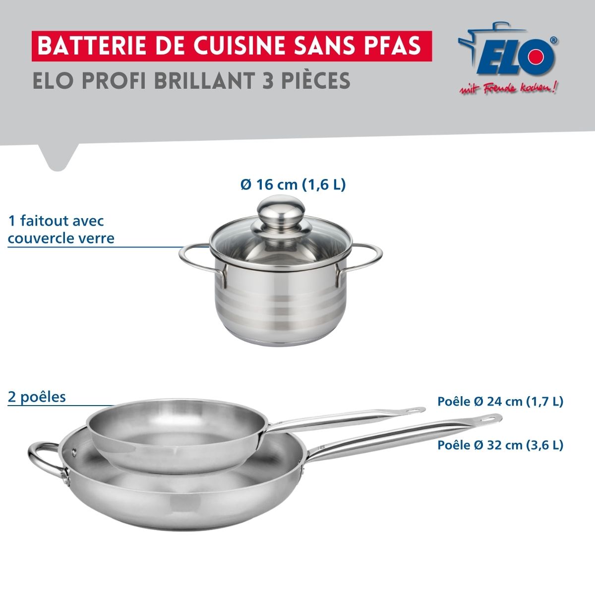 Ensemble de 2 Poêles de cuisson 24 et 32 cm et 1 faitout 16 cm  Profi Brillant Elo - Mathon - 2