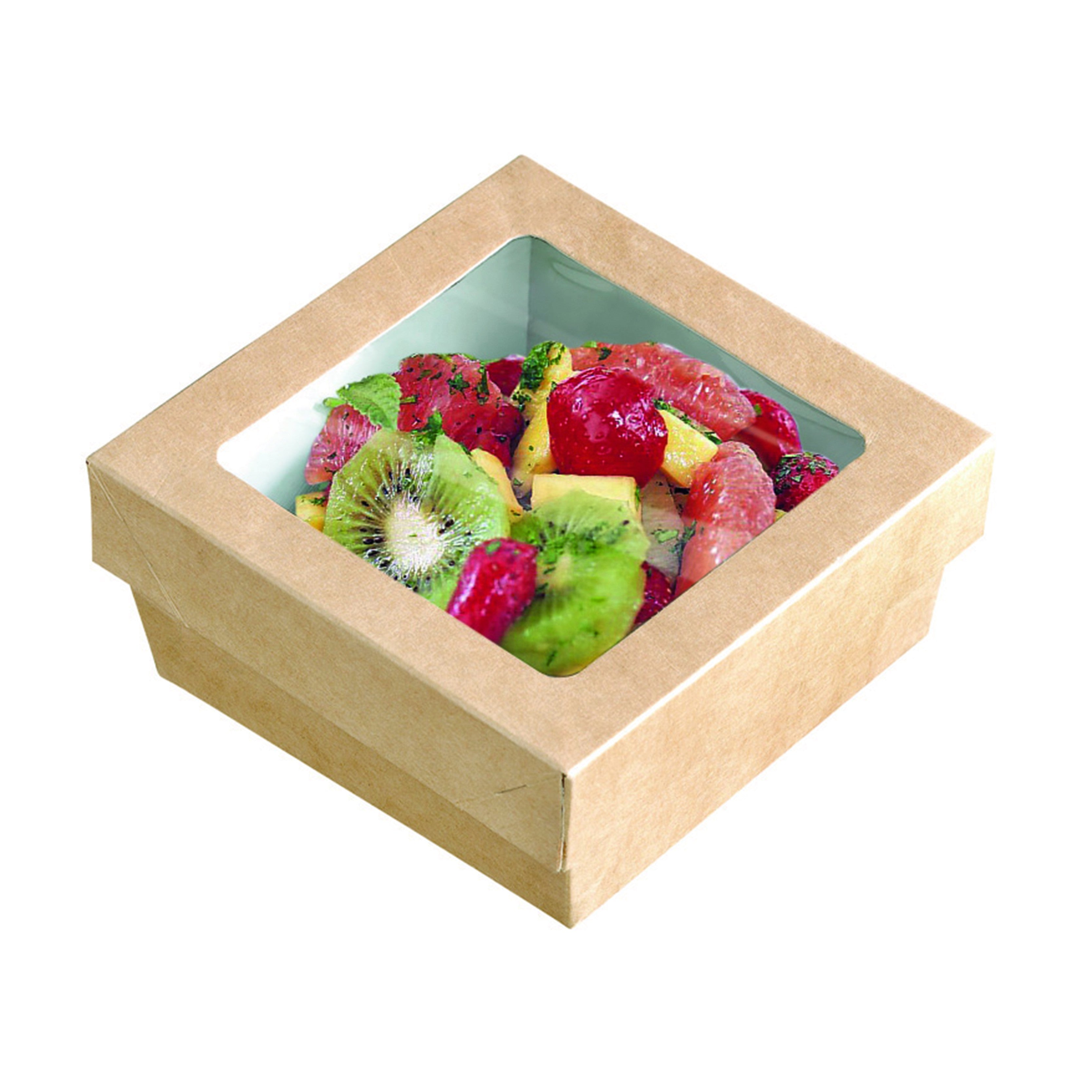 25Pcs - Boite "Kray" carrée carton brun avec couvercle à fenêtre en PLA  135x135x50mm 700ml FirstPack - Mathon