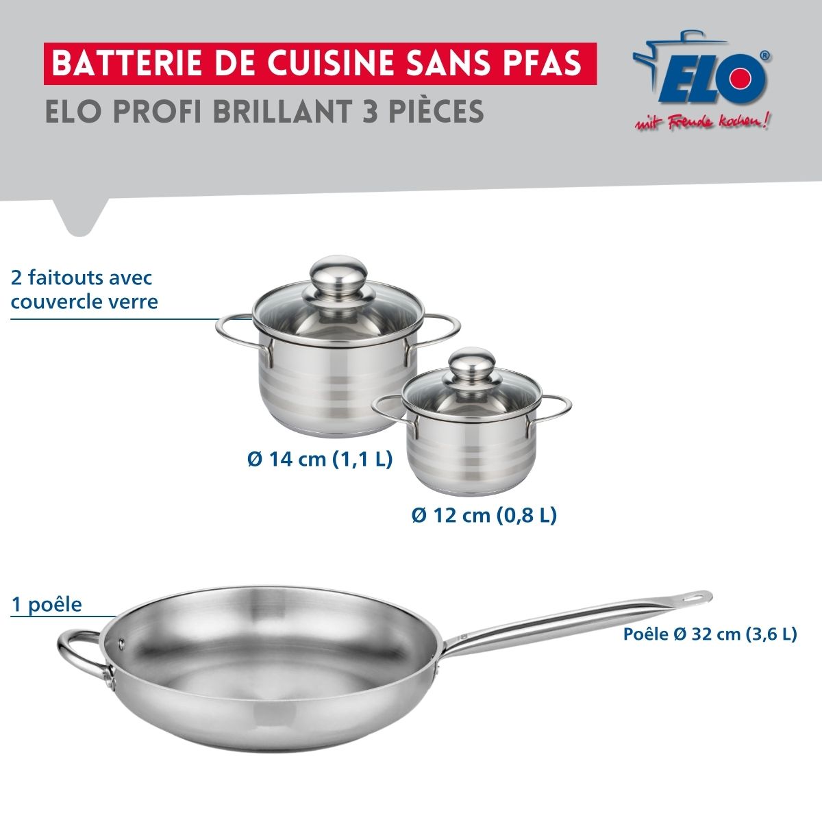 Ensemble de 1 Poêle de cuisson 32 cm et 2 faitouts 12 et 14 cm  Profi Brillant Elo - Mathon - 2