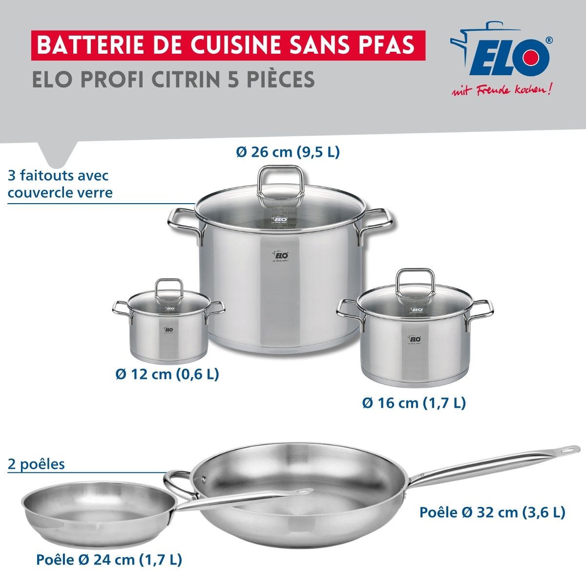 Ensemble de 2 Poêles de cuisson 24 et 32 cm et 3 faitouts 12, 16 et 26 cm  Profi Citrin Elo - Mathon - 2