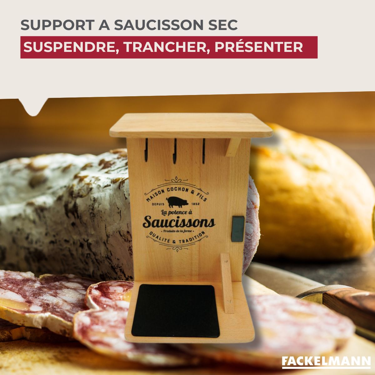 Support en bois pour saucisson sec avec crochets Fackelmann - Mathon - 2