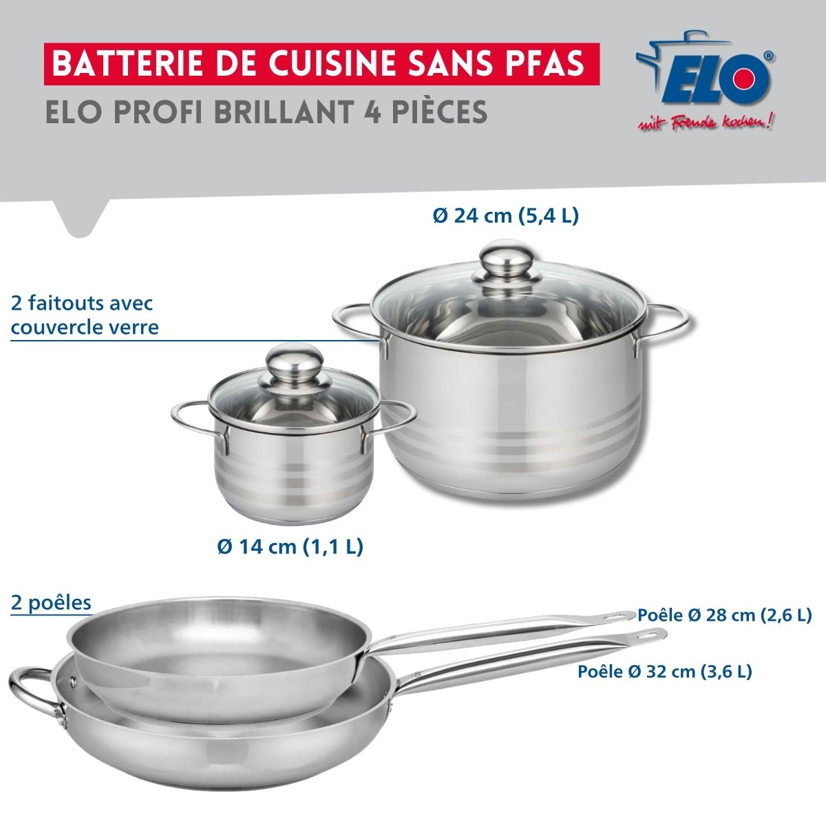 Ensemble de 2 Poêles de cuisson 28 et 32 cm et 2 faitouts 14 et 24 cm  Profi Brillant Elo - Mathon - 2