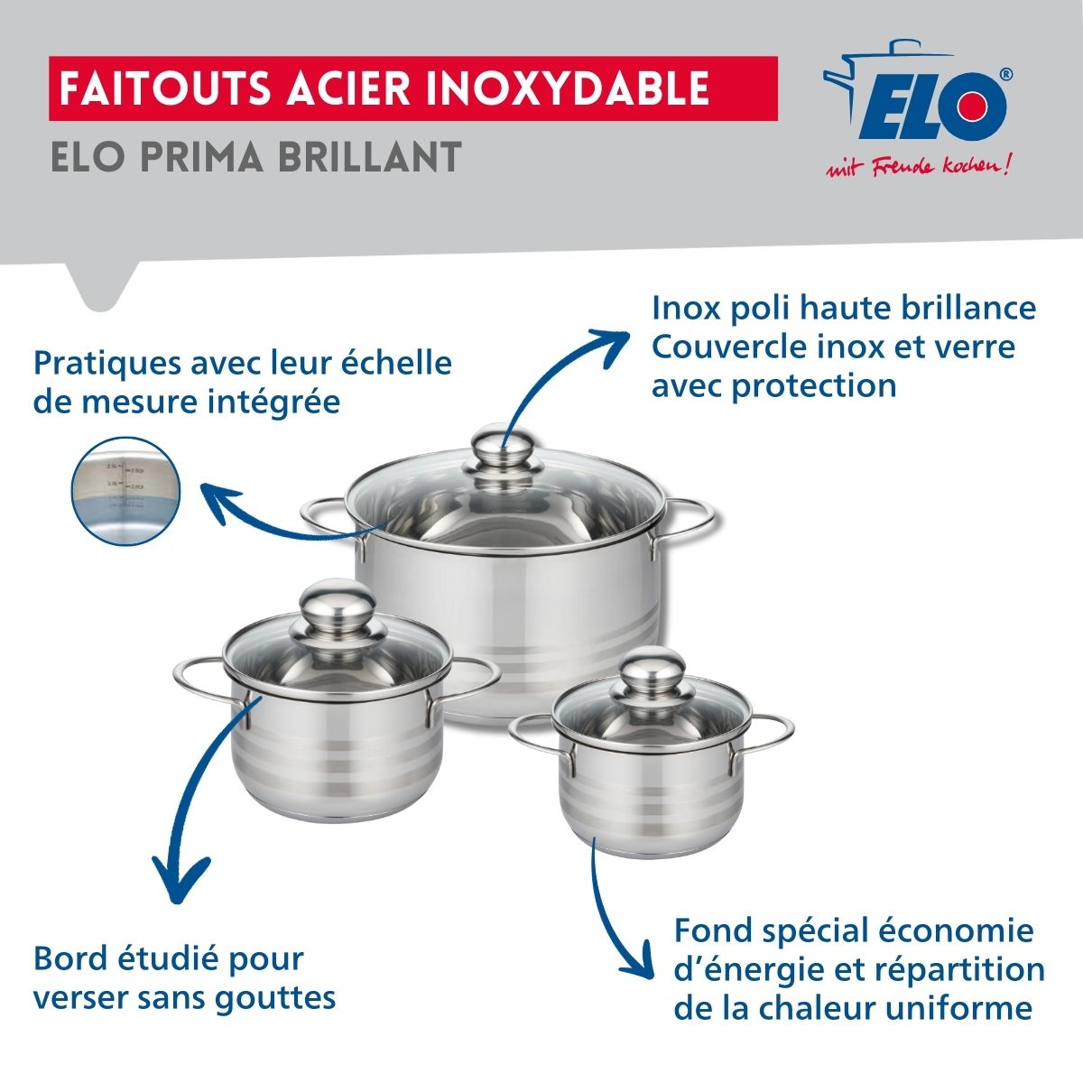 Ensemble de 3 Poêles de cuisson 20, 28 et 32 cm et 3 faitouts 14, 16 et 24 cm  Prima Brillant Elo - Mathon - 3