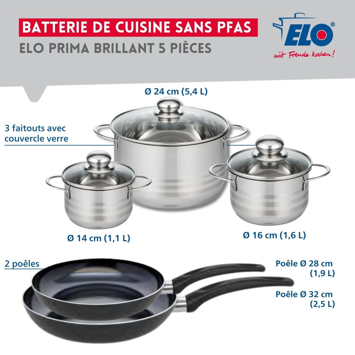 Ensemble de 2 Poêles de cuisson 28 et 32 cm et 3 faitouts 14, 16 et 24 cm  Prima Brillant Elo - Mathon - 2