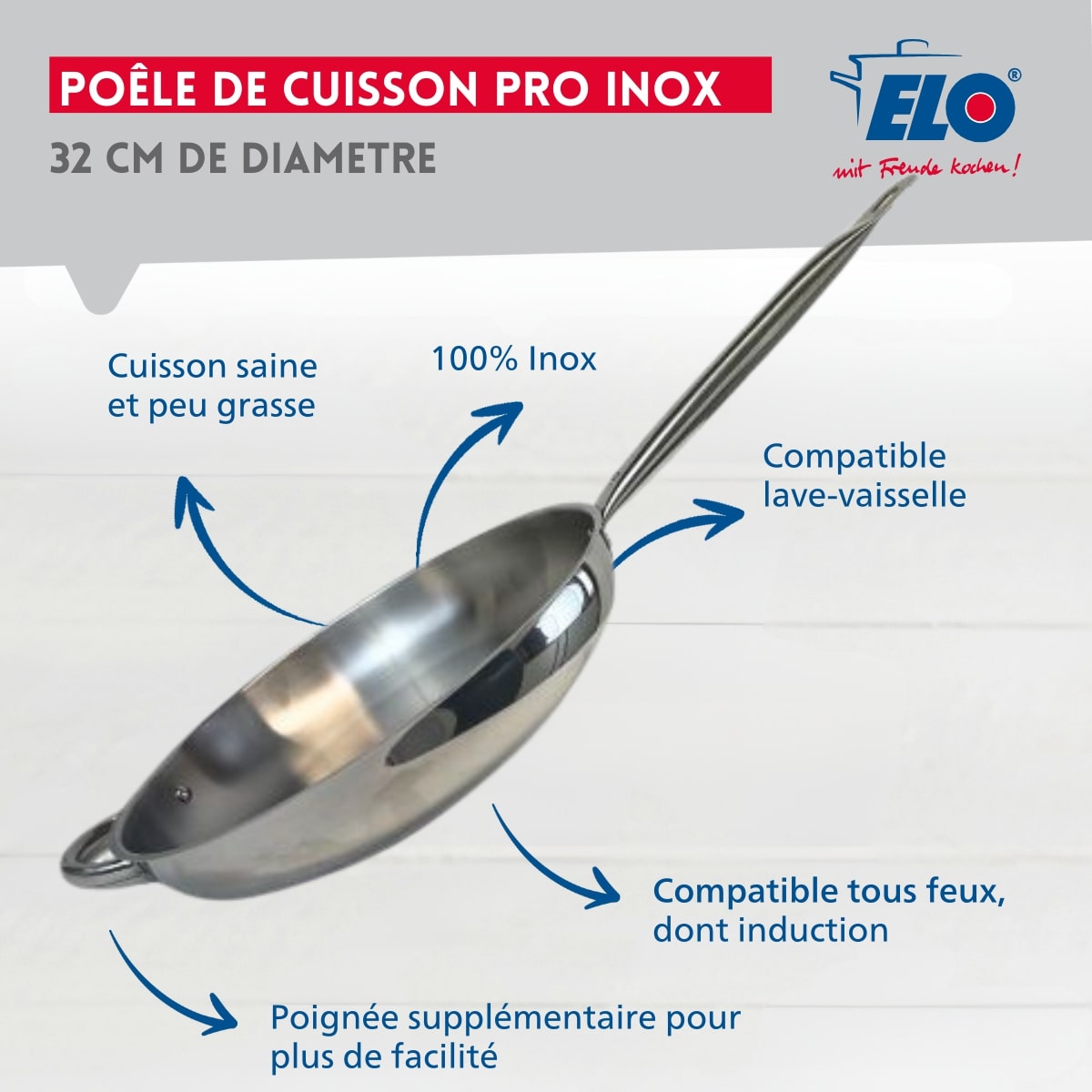 Poêle à frire 32 cm en inox 18/10 et couvercle en verre  Profi Therm Elo - Mathon - 2