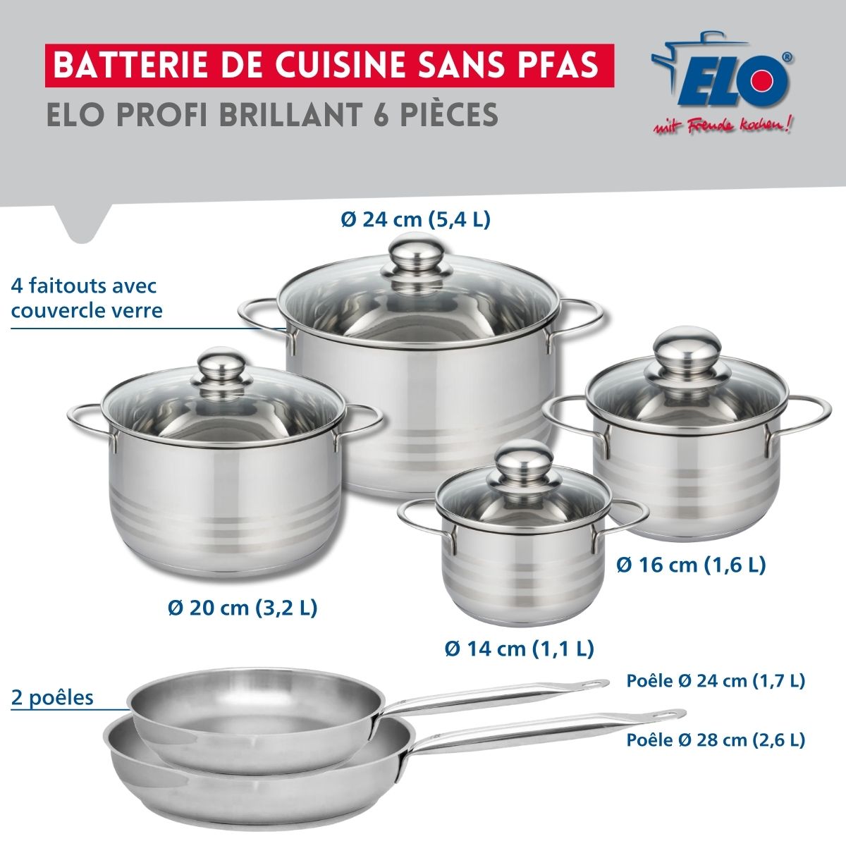 Ensemble de 2 Poêles de cuisson 24 et 28 cm et 4 faitouts 14, 16, 20 et 24 cm  Profi Brillant Elo - Mathon - 2