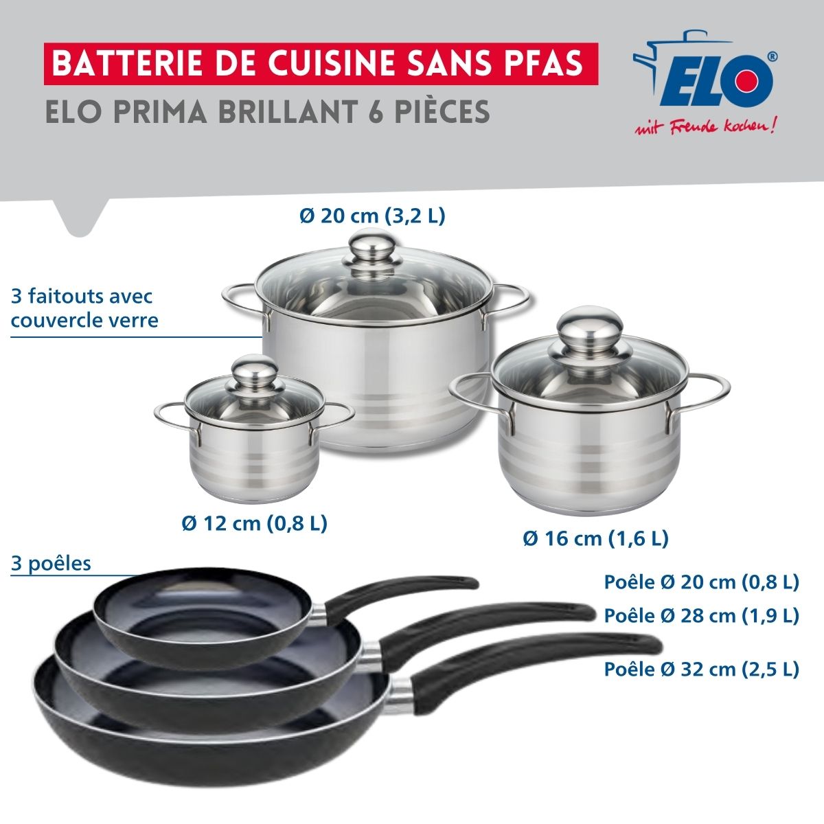 Ensemble de 3 Poêles de cuisson 20, 28 et 32 cm et 3 faitouts 12, 16 et 20 cm  Prima Brillant Elo - Mathon - 2
