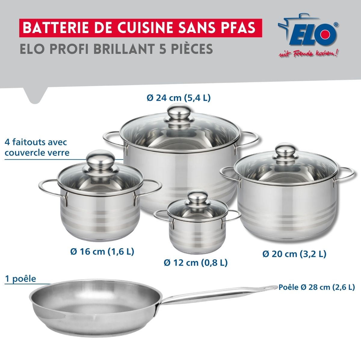 Ensemble de 1 Poêle de cuisson 28 cm et 4 faitouts 12, 16, 20 et 24 cm  Profi Brillant Elo - Mathon - 2