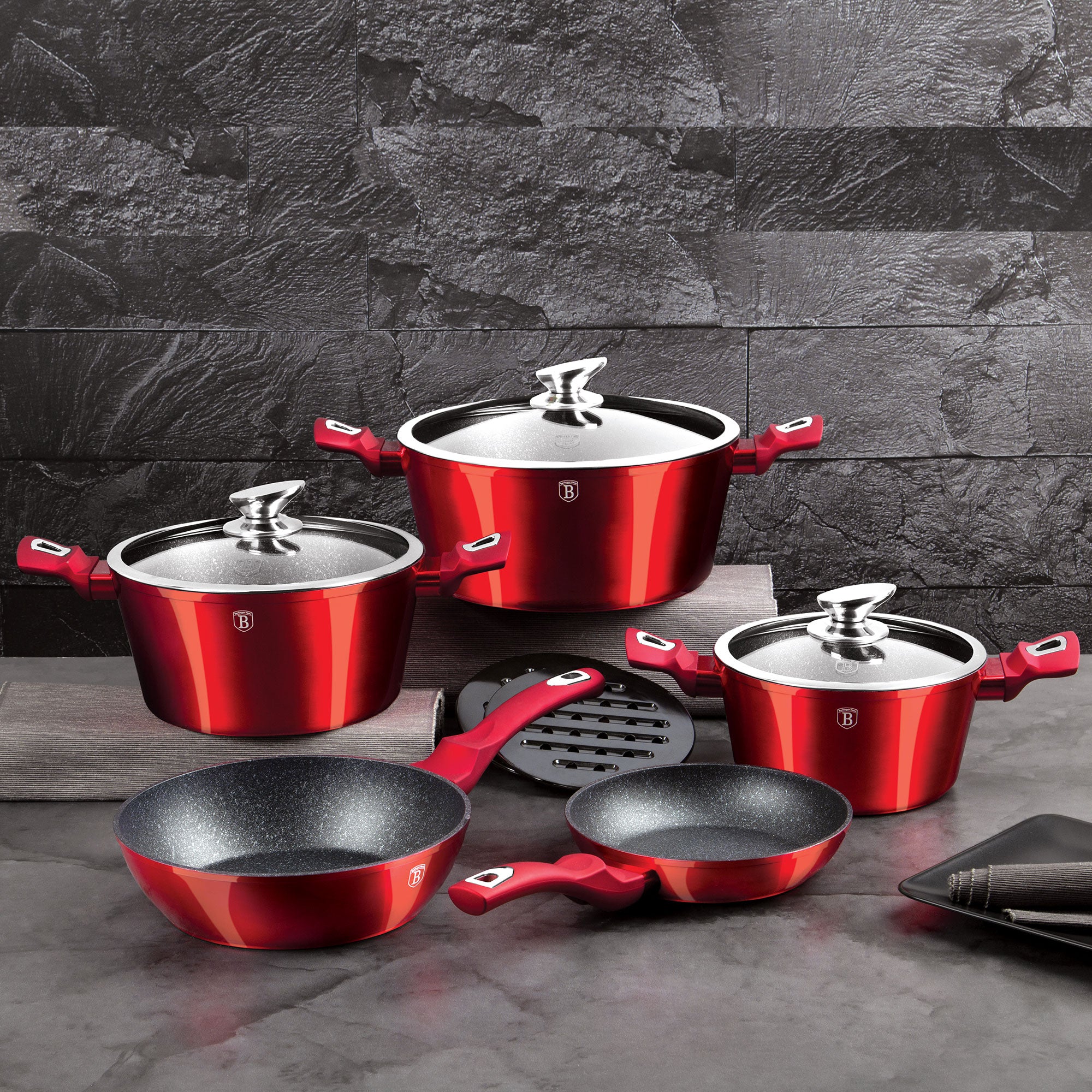 Batterie de Cuisine à Induction 10 Pièces Aluminium Antiadhésif sans PFOA  Rouge Burgundy AT-1222N - Mathon - 2