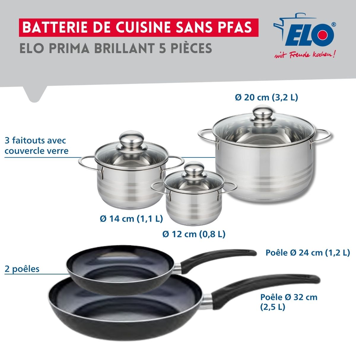 Ensemble de 2 Poêles de cuisson 24 et 32 cm et 3 faitouts 12, 14 et 20 cm  Prima Brillant Elo - Mathon - 2