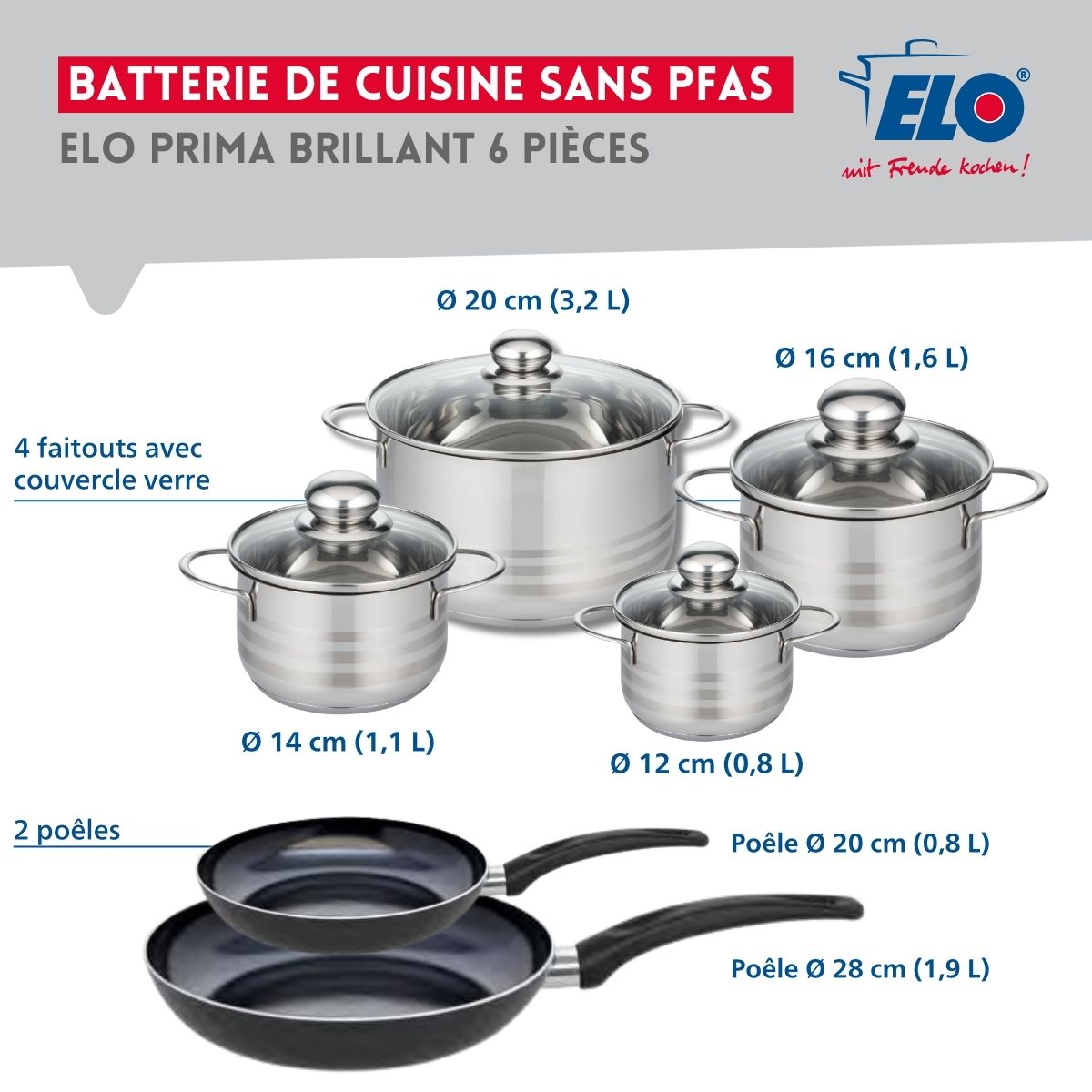 Ensemble de 2 Poêles de cuisson 20 et 28 cm et 4 faitouts 12, 14, 16 et 20 cm  Prima Brillant Elo - Mathon - 2