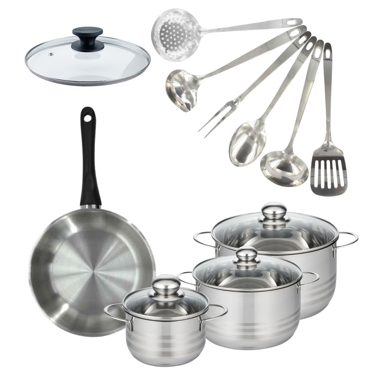 Set de 1 poêle 24 cm inox, couvercle verre, 3 faitouts inox 16, 20 et 24 cm et 6 ustensiles inox  Geneva Fackelmann - Mathon - 1