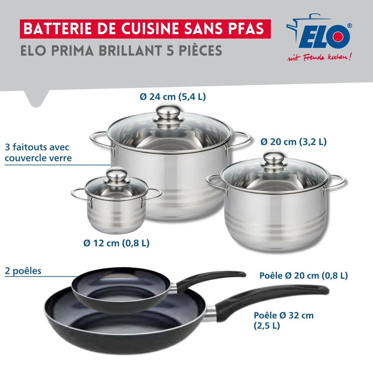 Ensemble de 2 Poêles de cuisson 20 et 32 cm et 3 faitouts 12, 20 et 24 cm  Prima Brillant Elo - Mathon - 2