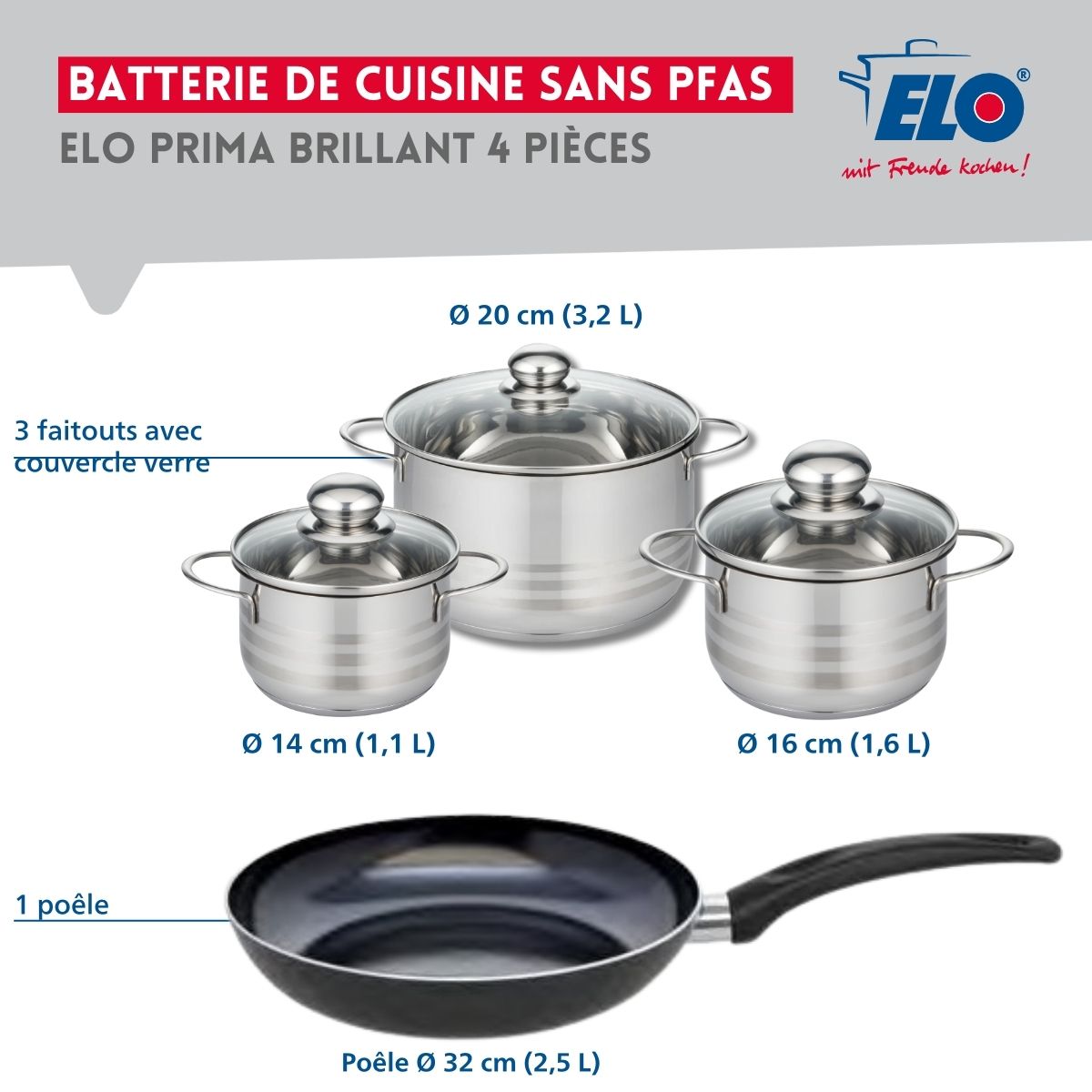 Ensemble de 1 Poêle de cuisson 32 cm et 3 faitouts 14, 16 et 20 cm  Prima Brillant Elo - Mathon - 2