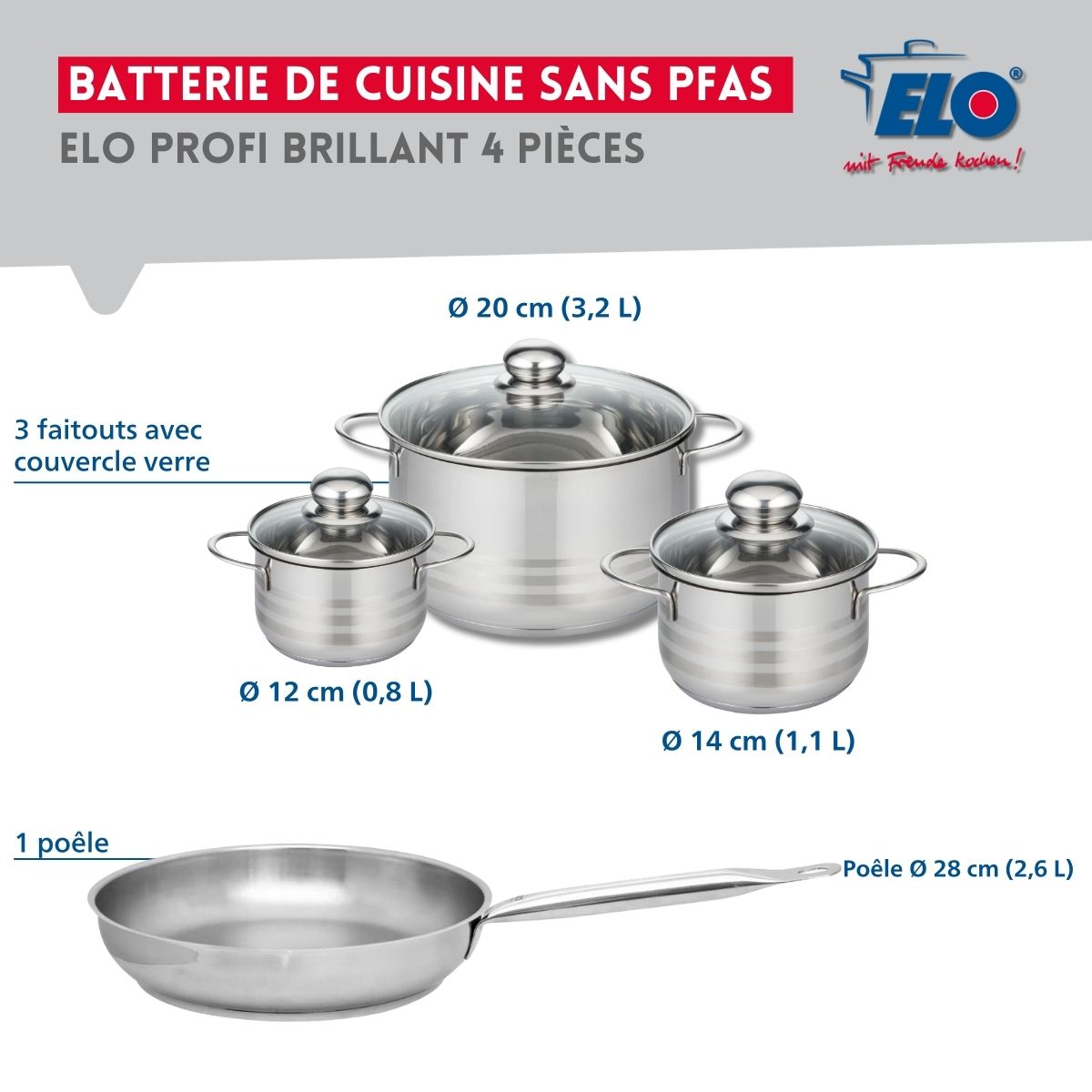Ensemble de 1 Poêle de cuisson 28 cm et 3 faitouts 12, 14 et 20 cm  Profi Brillant Elo - Mathon - 2