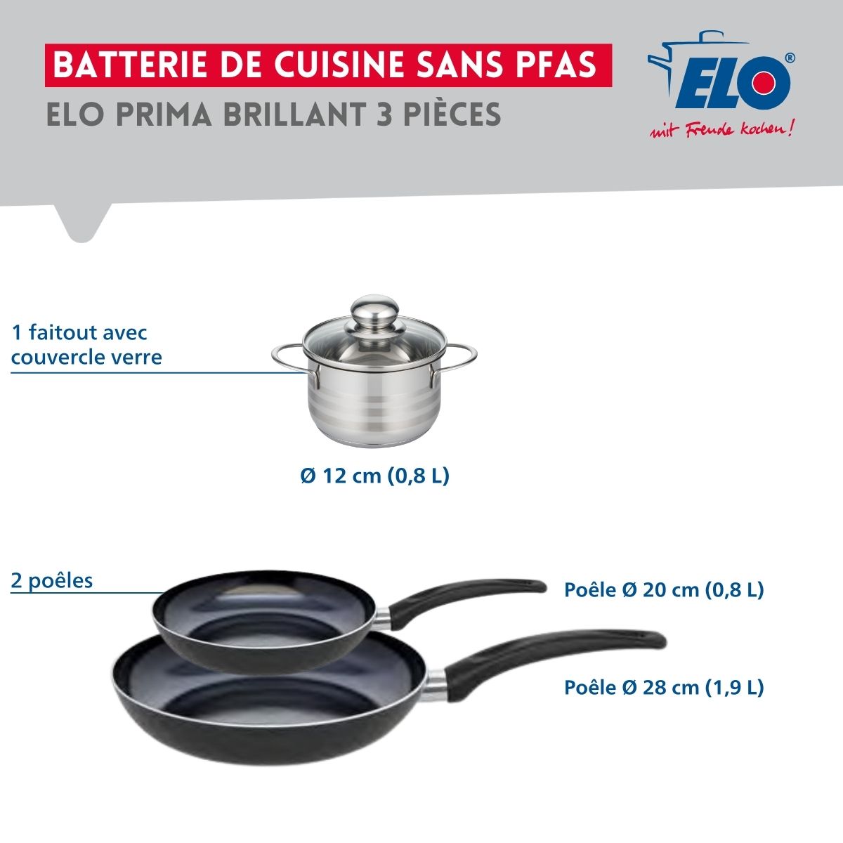 Ensemble de 2 Poêles de cuisson 20 et 28 cm et 1 faitout 12 cm  Prima Brillant Elo - Mathon - 2