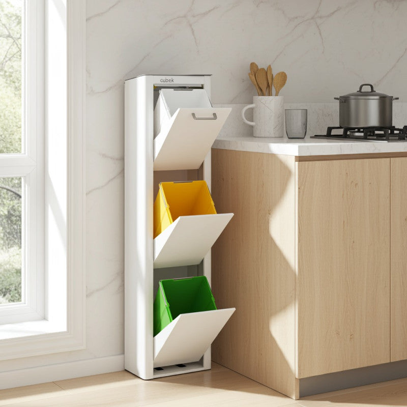 Poubelle cuisine de tri sélectif CUBEK, 3 compartiments de 20 litres, Blanc Don Hierro - Mathon - 3