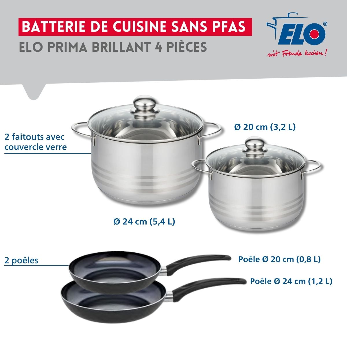 Ensemble de 2 Poêles de cuisson 20 et 24 cm et 2 faitouts 20 et 24 cm  Prima Brillant Elo - Mathon - 2