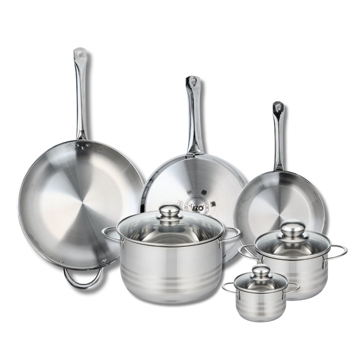 Ensemble de 3 Poêles de cuisson 24, 28 et 32 cm et 3 faitouts 12, 16 et 24 cm  Profi Brillant Elo - Mathon - 1