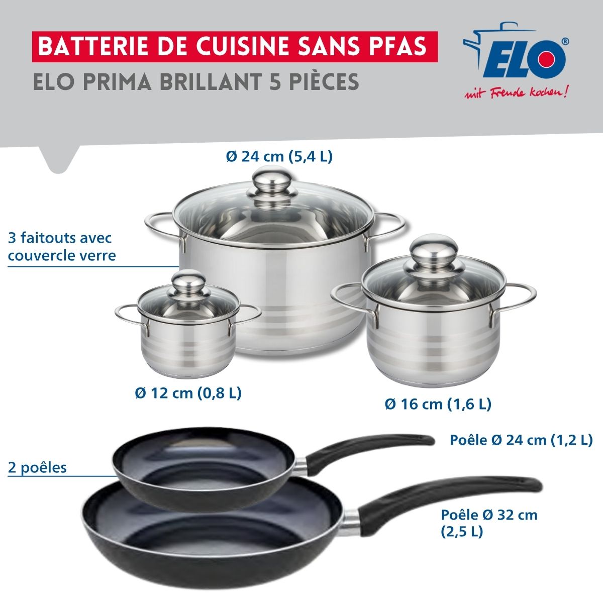 Ensemble de 2 Poêles de cuisson 24 et 32 cm et 3 faitouts 12, 16 et 24 cm  Prima Brillant Elo - Mathon - 2