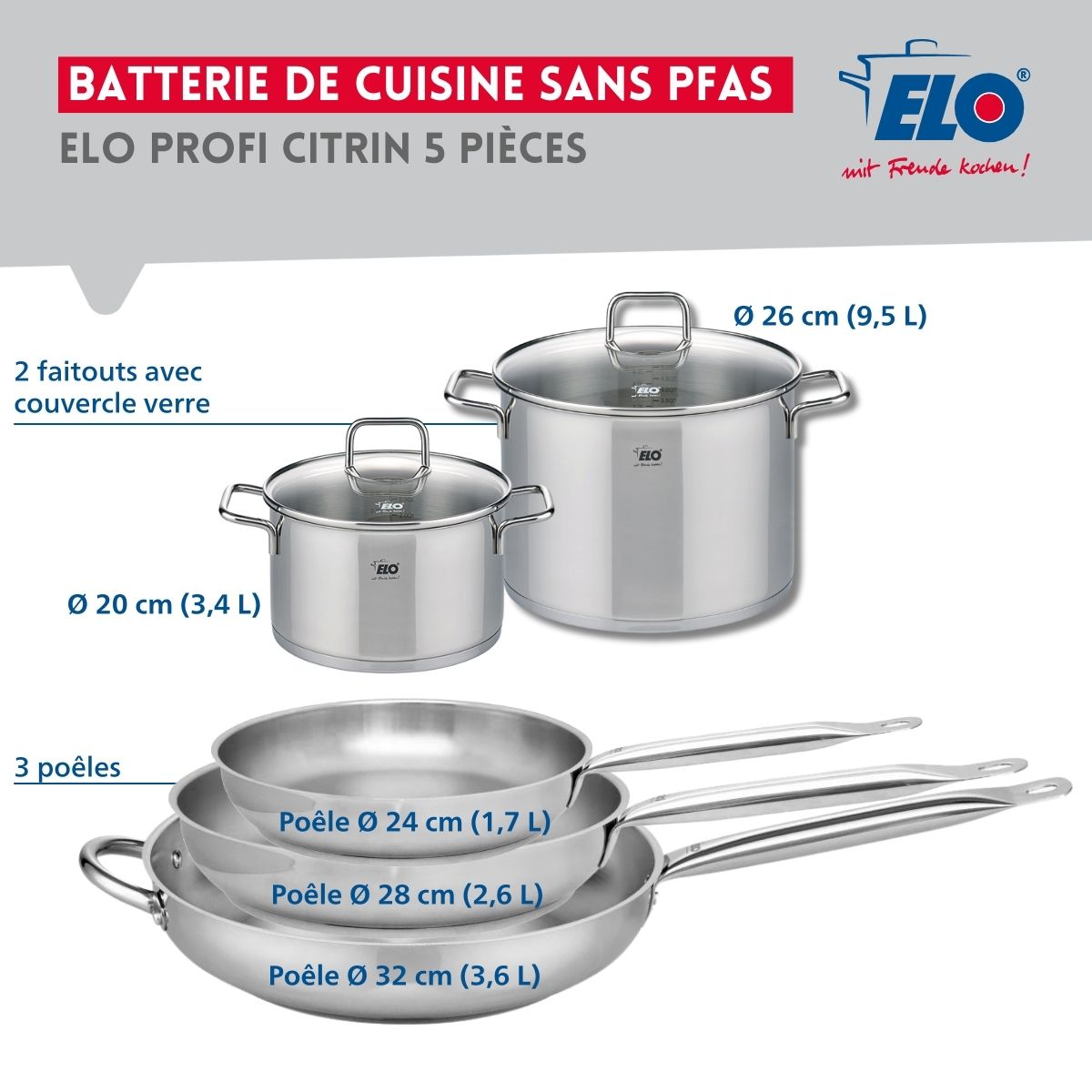Ensemble de 3 Poêles de cuisson 24, 28 et 32 cm et 2 faitouts 20 et 26 cm  Profi Citrin Elo - Mathon - 2