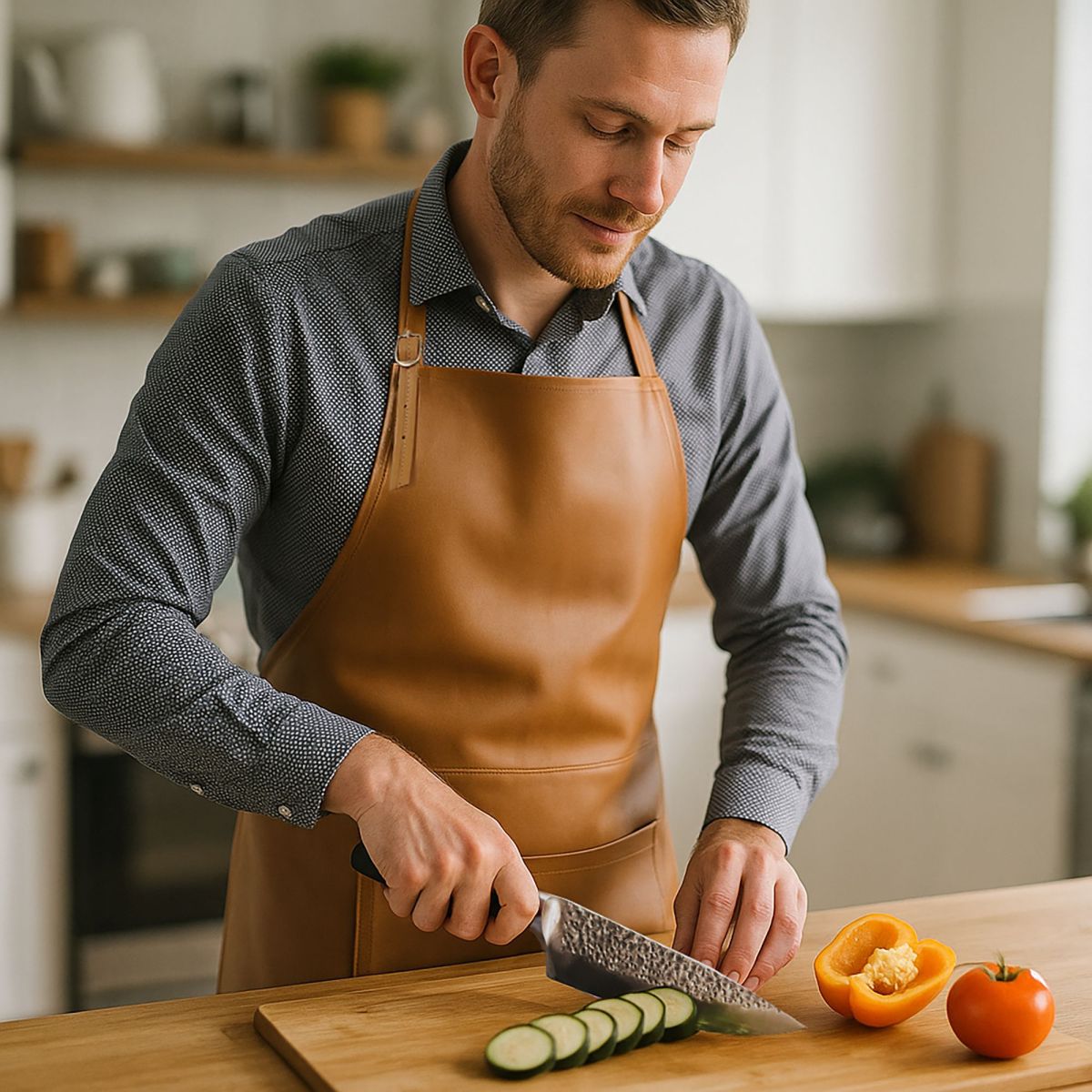 Honoré - Tablier en cuir de veau couleur Tabac Sabatier Trompette - Mathon - 3