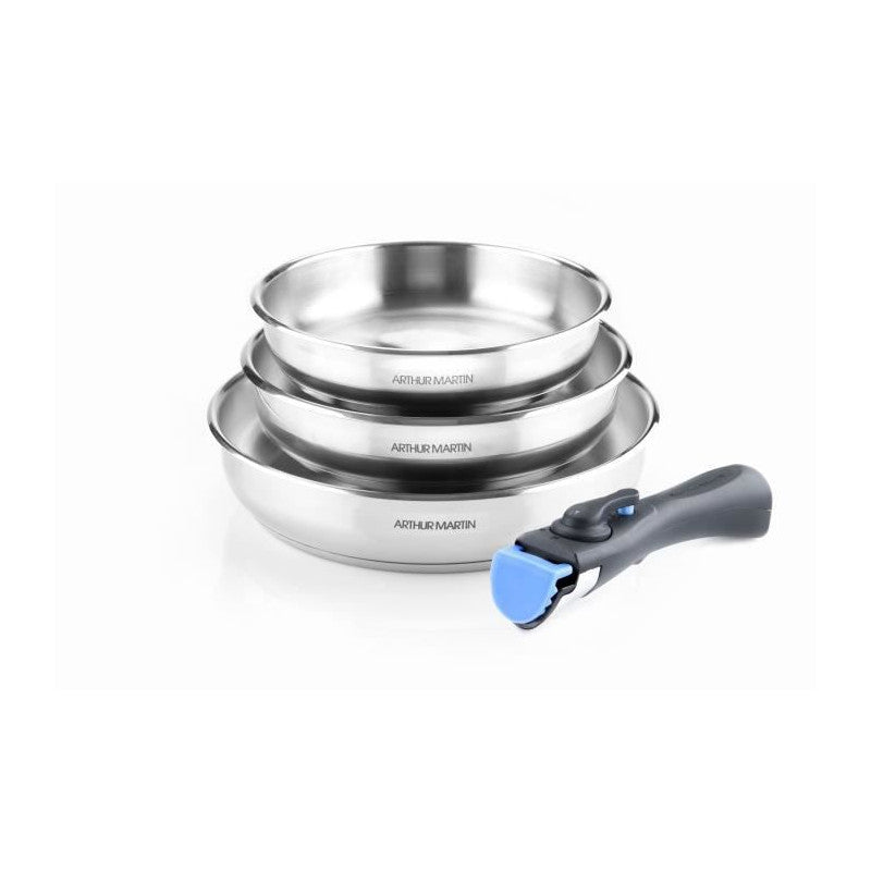 Set De 3 Poeles 20-24-26 Cm   Am1410 - Acier Inoxydable - Poignée Amovible - Tous Feux Dont Induction Arthur Martin - Mathon