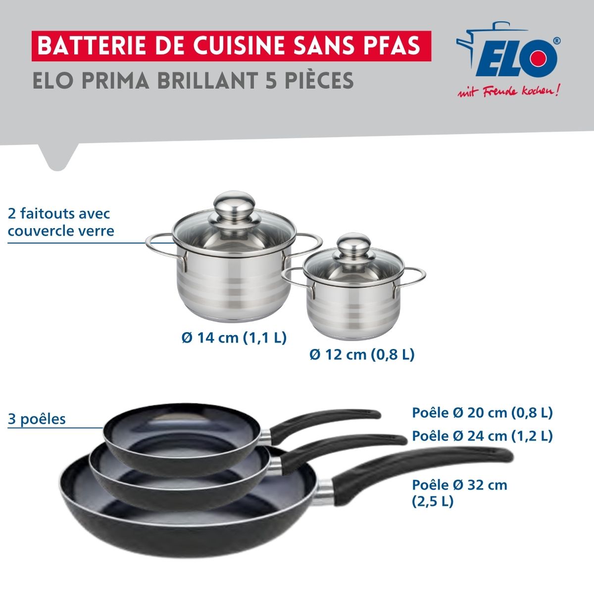 Ensemble de 3 Poêles de cuisson 20, 24 et 32 cm et 2 faitouts 12 et 14 cm  Prima Brillant Elo - Mathon - 2