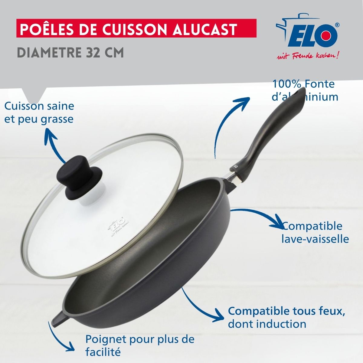 Poêle à frire 32 cm avec couvercle en verre sans PFAS  Alucast Elo - Mathon - 3