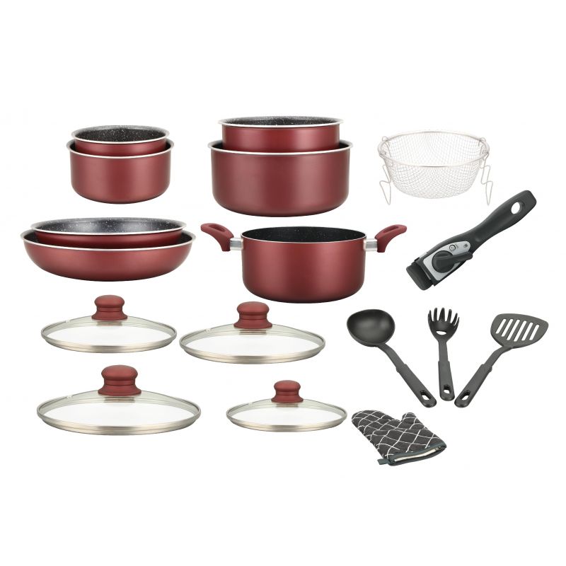 Batterie de cuisine revêtement pierre avec manche amovible 17 pièces bordeaux Herzberg  HG8055-BR Herzberg - Mathon
