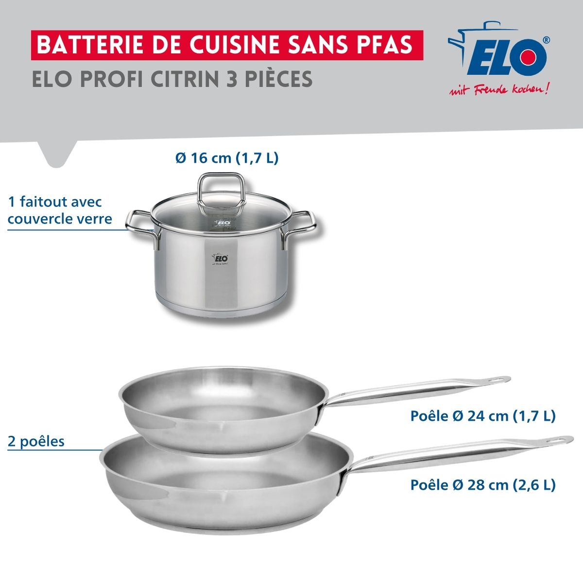 Set de 2 Poêles de cuisson 24 et 28 cm et 1 faitout 16 cm  Profi Citrin Elo - Mathon - 2