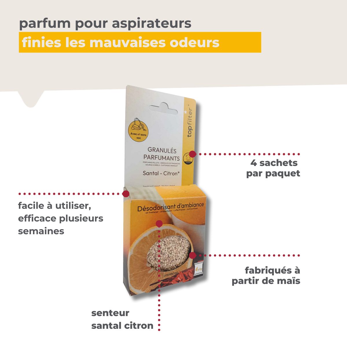 4 Sachets de granulés parfumés pour aspirateur senteur santal citron TopFilter TopFilter - Mathon - 3