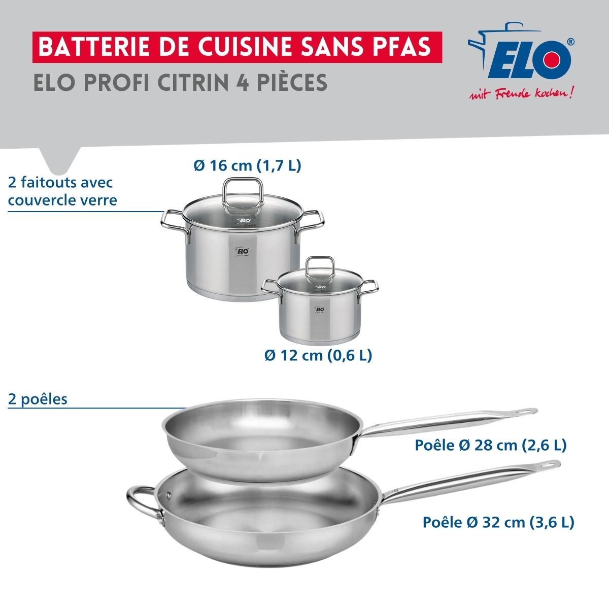 Ensemble de 2 Poêles de cuisson 28 et 32 cm et 2 faitouts 12 et 16 cm  Profi Citrin Elo - Mathon - 2