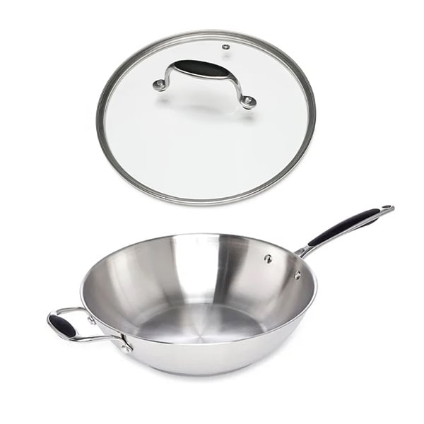 Lot wok tout inox et couvercle verre 30 cm Excell