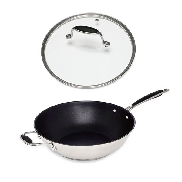 Lot wok inox antiadhérent et couvercle verre 30 cm Excell