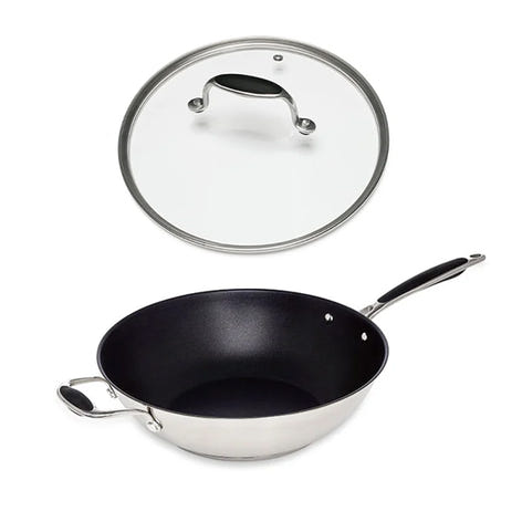Lot wok inox antiadhérent et couvercle verre 30 cm Excell
