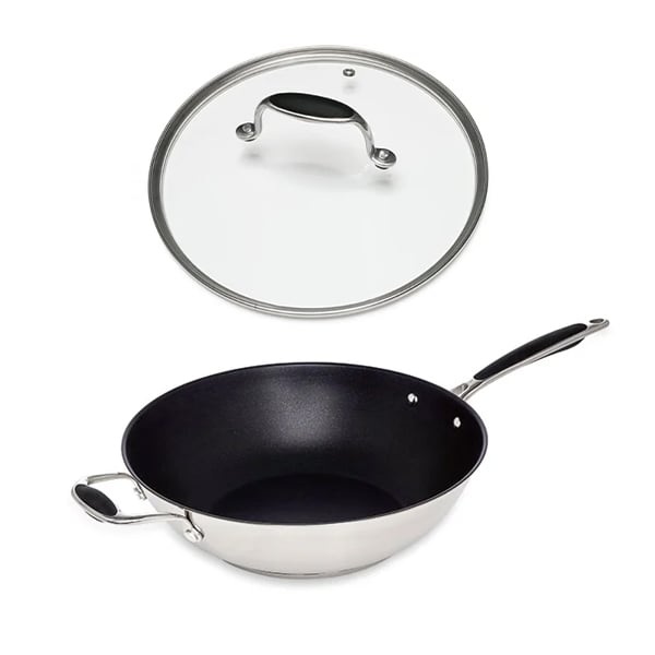 Lot wok inox antiadhérent et couvercle verre 30 cm Excell