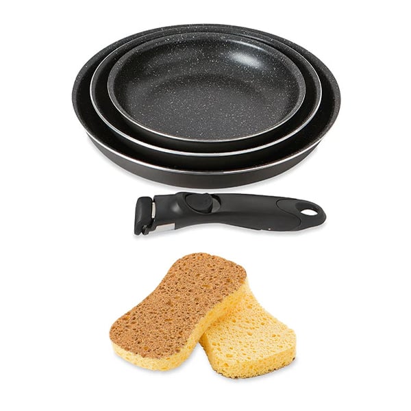 Batterie poêles anti-adhérentes Effet Pierre manche amovible et 2 éponges végétales Mathon - Mathon - 1