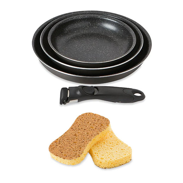 Batterie poêles anti-adhérentes Effet Pierre manche amovible et 2 éponges végétales Mathon - Mathon - 1